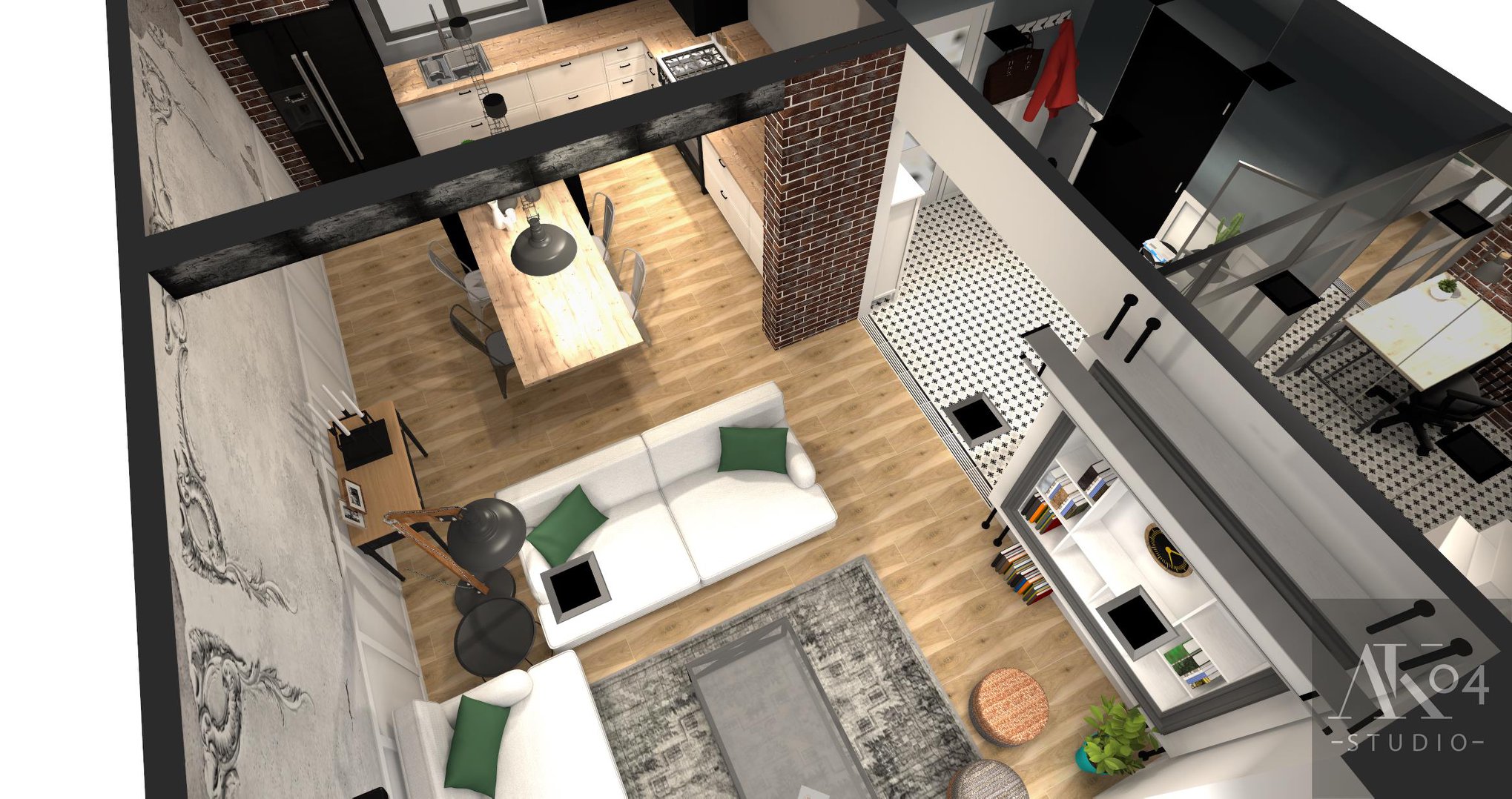 Wizualizacja 3D mieszkania z perspektywy lotu ptaka, ukazująca salon z białą sofą i zielonymi poduszkami, jadalnię z drewnianym stołem i kuchnię z czarnymi akcentami, oddzielone ceglaną ścianą...
