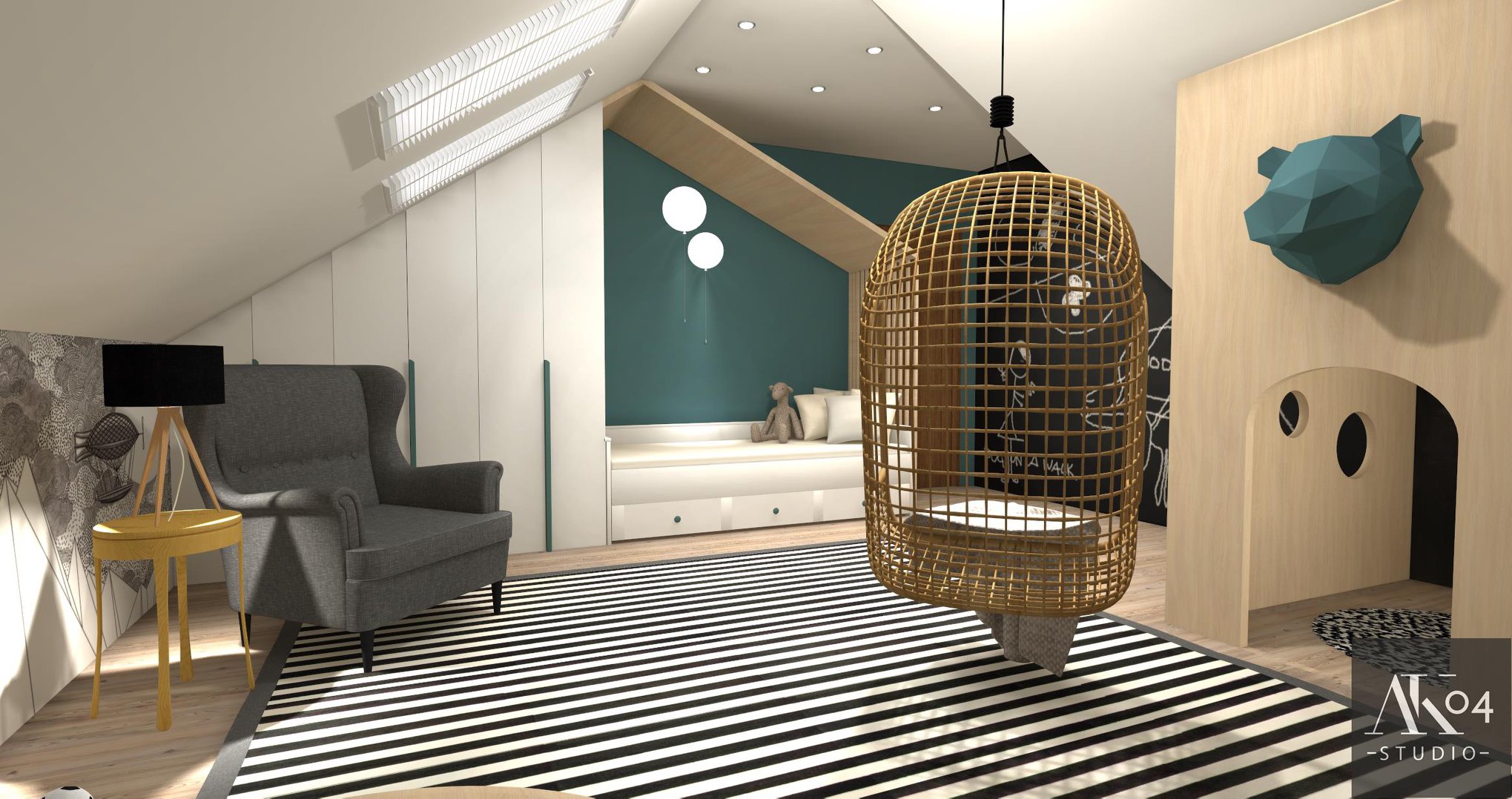 Wizualizacja pokoju dziecięcego na poddaszu z łóżkiem w zabudowie, wiszącym fotelem w kształcie kosza, szarym fotelem, stolikiem z lampą i czarno-białym dywanem w paski.