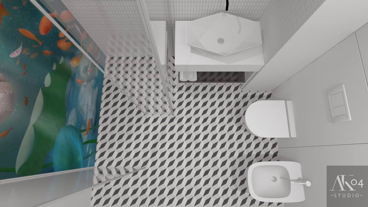 Wizualizacja łazienki z kabiną prysznicową z motywem akwarium, białą umywalką nablatową, toaletą i bidetem na podłodze w geometryczne wzory 3D.