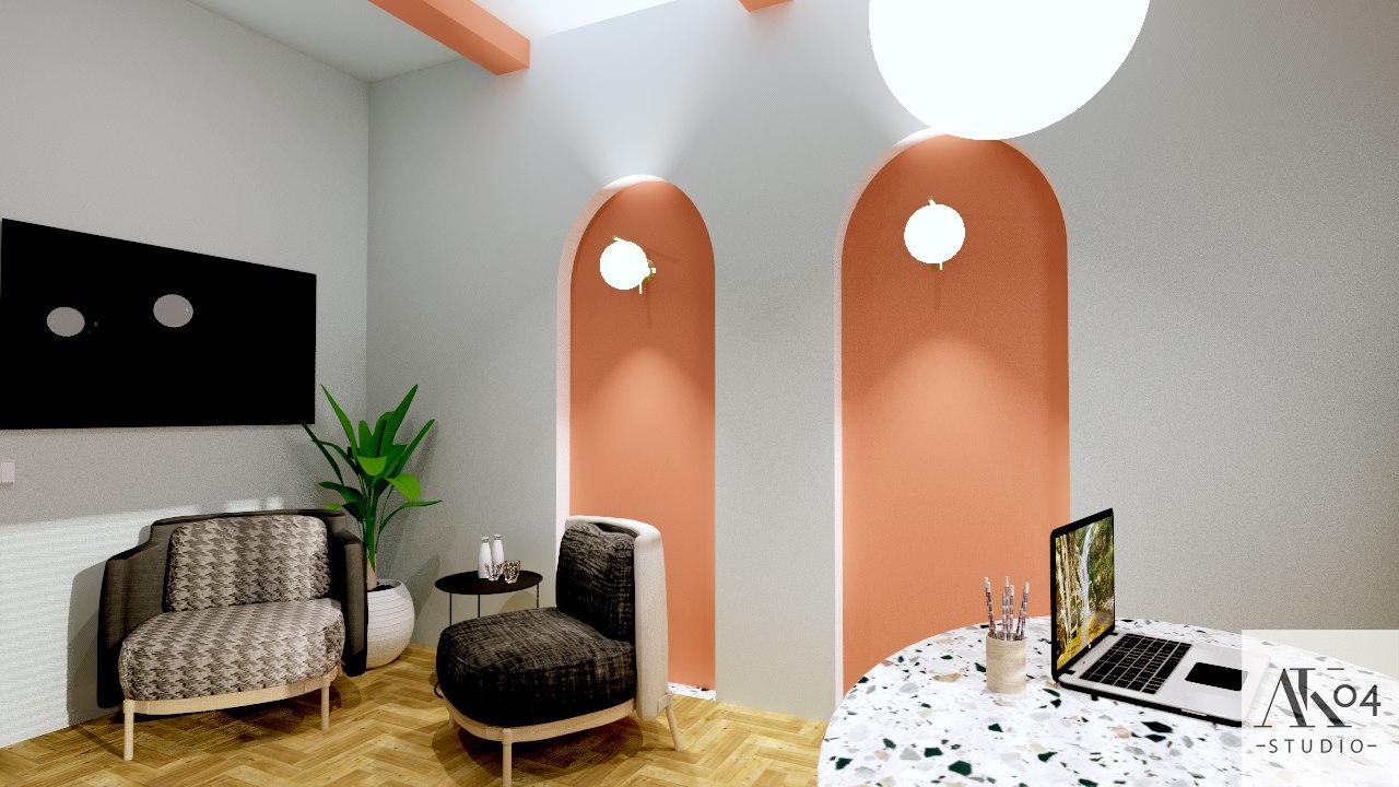Wizualizacja wnętrza biura z dwoma fotelami w stylu retro, biurkiem z laptopem i pomarańczowymi, łukowatymi wnękami z oświetleniem ściennym