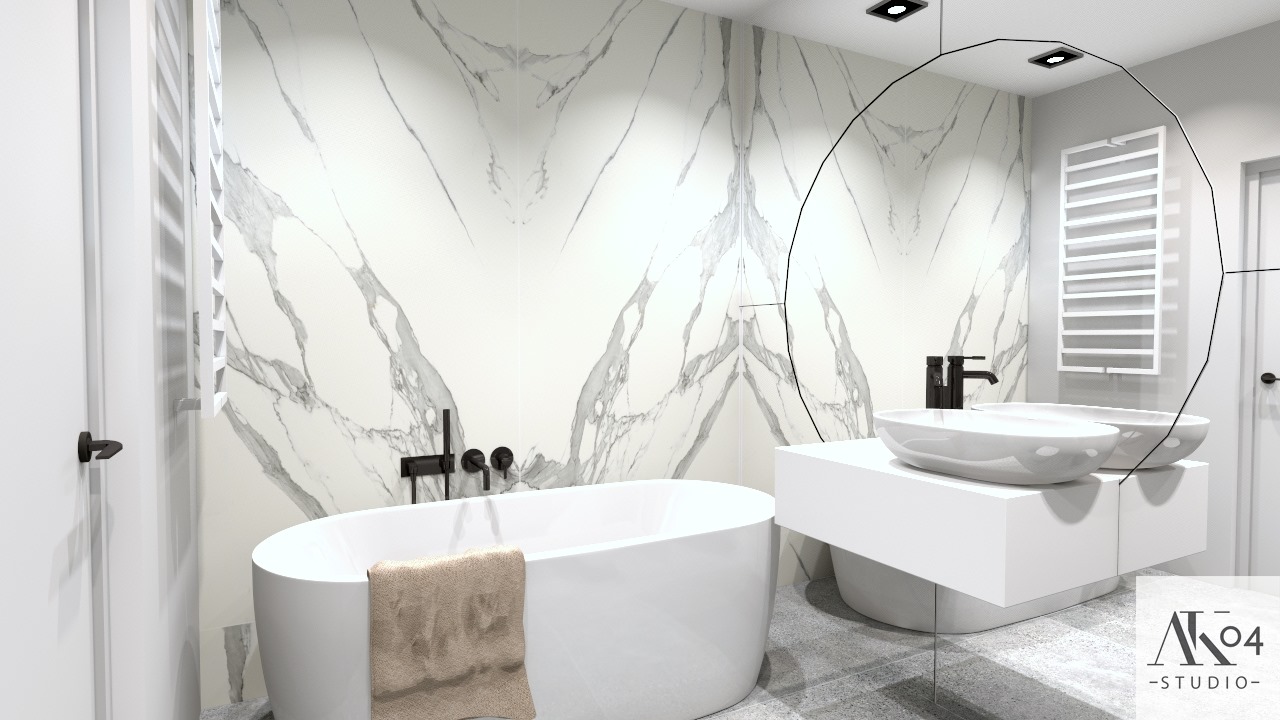 Nowoczesna łazienka z białą wanną, umywalkami nablatowymi na białej szafce i ścianą wyłożoną płytkami imitującymi marmur.