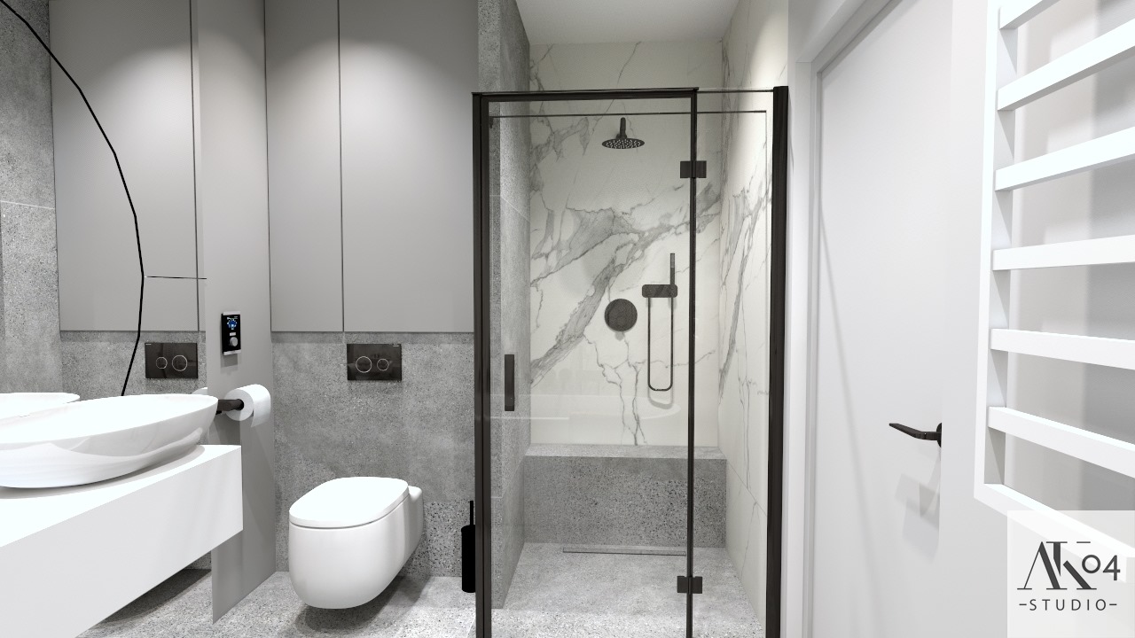 Wizualizacja nowoczesnej łazienki z kabiną prysznicową typu walk-in, umywalką nablatową na białym blacie, wiszącą toaletą i szarą okładziną ścienną imitującą beton.