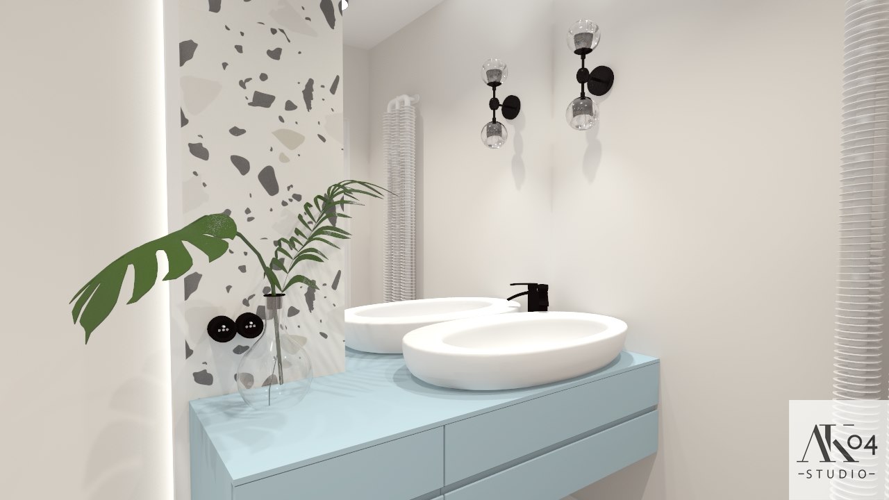 Wizualizacja nowoczesnej łazienki z podwójną, owalną umywalką nablatową na błękitnej szafce, ozdobiona roślinami w szklanym wazonie i oświetleniem ściennym w formie czarnych kul z przezroczystymi...