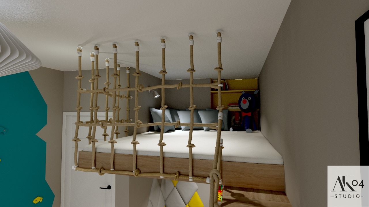 Wizualizacja pokoju dziecięcego z łóżkiem na podeście, zabezpieczonym linową siatką, obok ściana wspinaczkowa i półki z zabawkami.