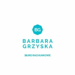 Logo biura rachunkowego Barbara Grzyńska z inicjałami BG w turkusowym wielokącie na białym tle.