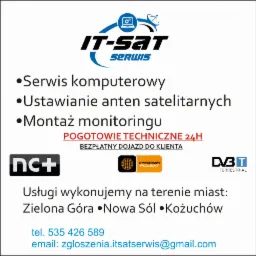 Grafika reklamowa firmy IT-SAT Serwis, oferującej serwis komputerowy, ustawianie anten satelitarnych i montaż monitoringu, z pogotowiem technicznym 24h i bezpłatnym dojazdem do klienta w miastach...