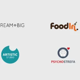Kompozycja czterech różnorodnych logo na jasnoszarym tle: 'DREAM BIG' w cienkiej czcionce, 'FoodIn' z symbolem widelca, turkusowe 'ARTISTIC STUDIO' w kształcie oka oraz 'PSYCHOSTREFA' z motywem...