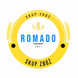 Logo firmy ROMADO skupującej plony, rok założenia 2011, w okręgu z żółtą obwódką i motywem kłosów.
