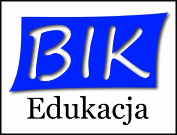 Logo firmy BIK Edukacja na niebieskim tle, poniżej napis 'Edukacja' czarną czcionką.