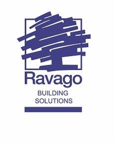 Niebieskie logo firmy Ravago Building Solutions z abstrakcyjnym symbolem w kwadracie nad nazwą i hasłem 'BUILDING SOLUTIONS' poniżej.