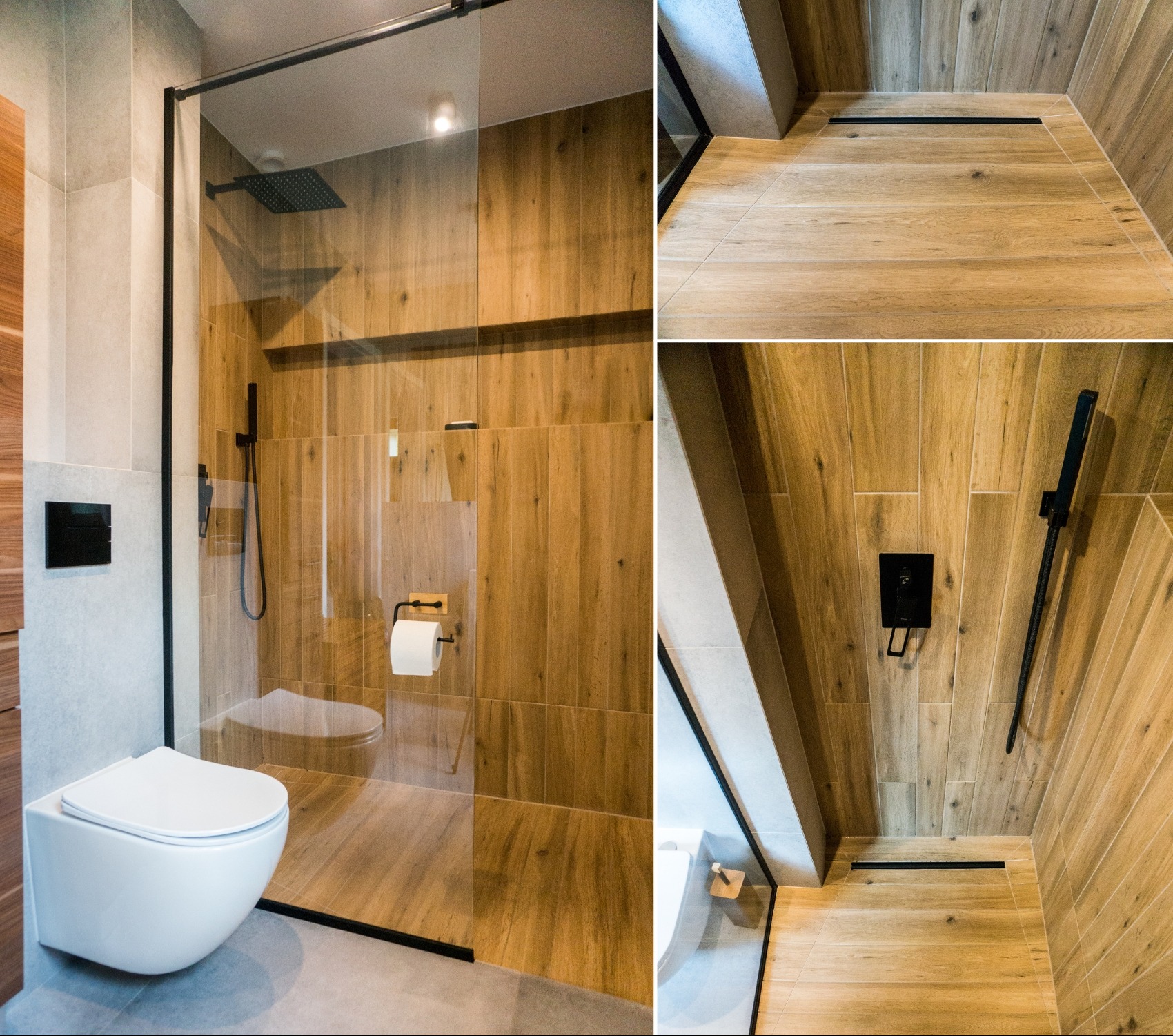 Nowoczesna łazienka z drewnopodobnymi płytkami, kabiną prysznicową typu walk-in z czarnymi profilami, toaletą podwieszaną i odpływem liniowym w podłodze.
