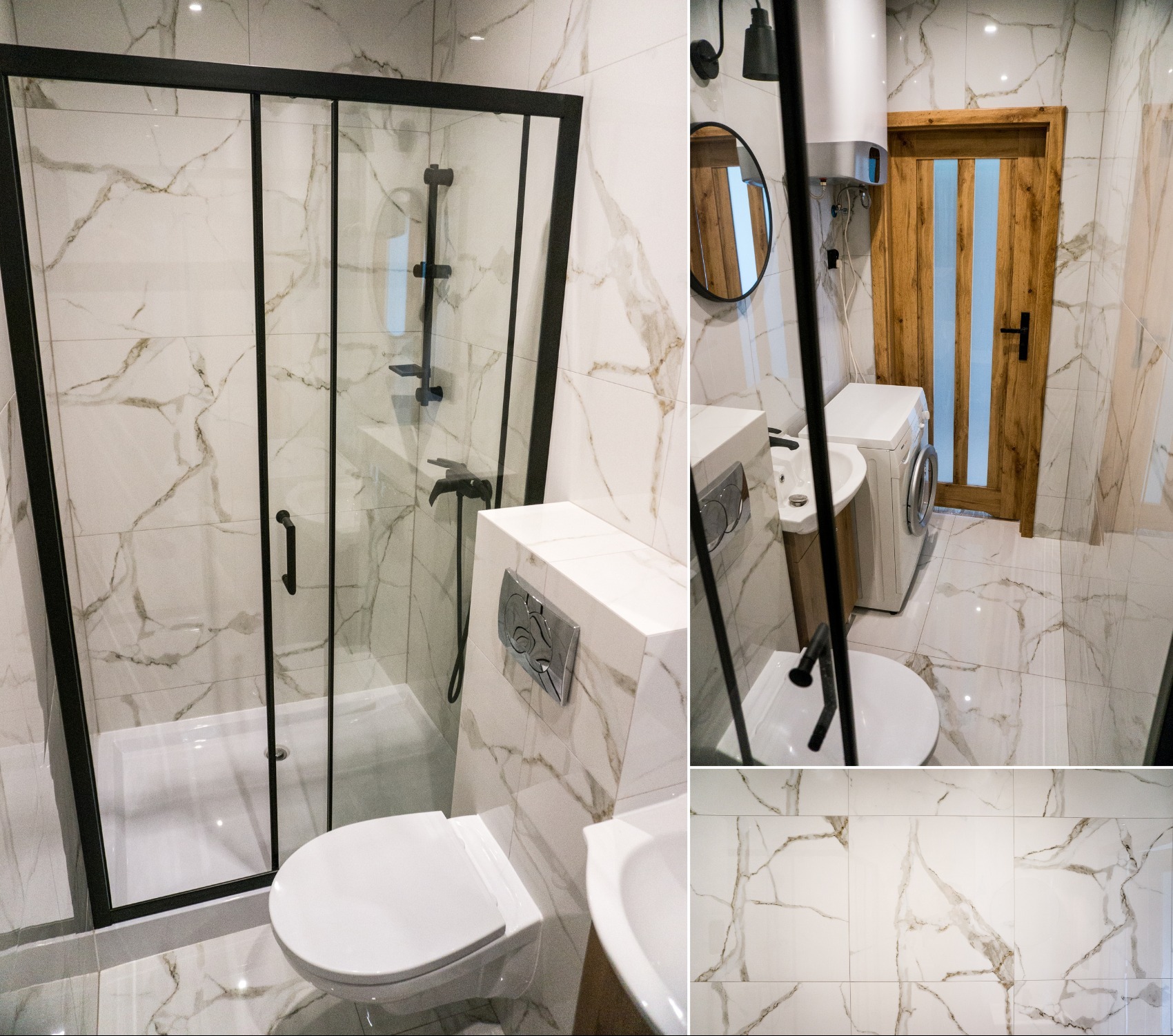 Wykończona łazienka w Żorach z kabiną prysznicową z czarną ramą, toaletą podwieszaną i umywalką, wyłożona białymi płytkami z marmurowym wzorem.