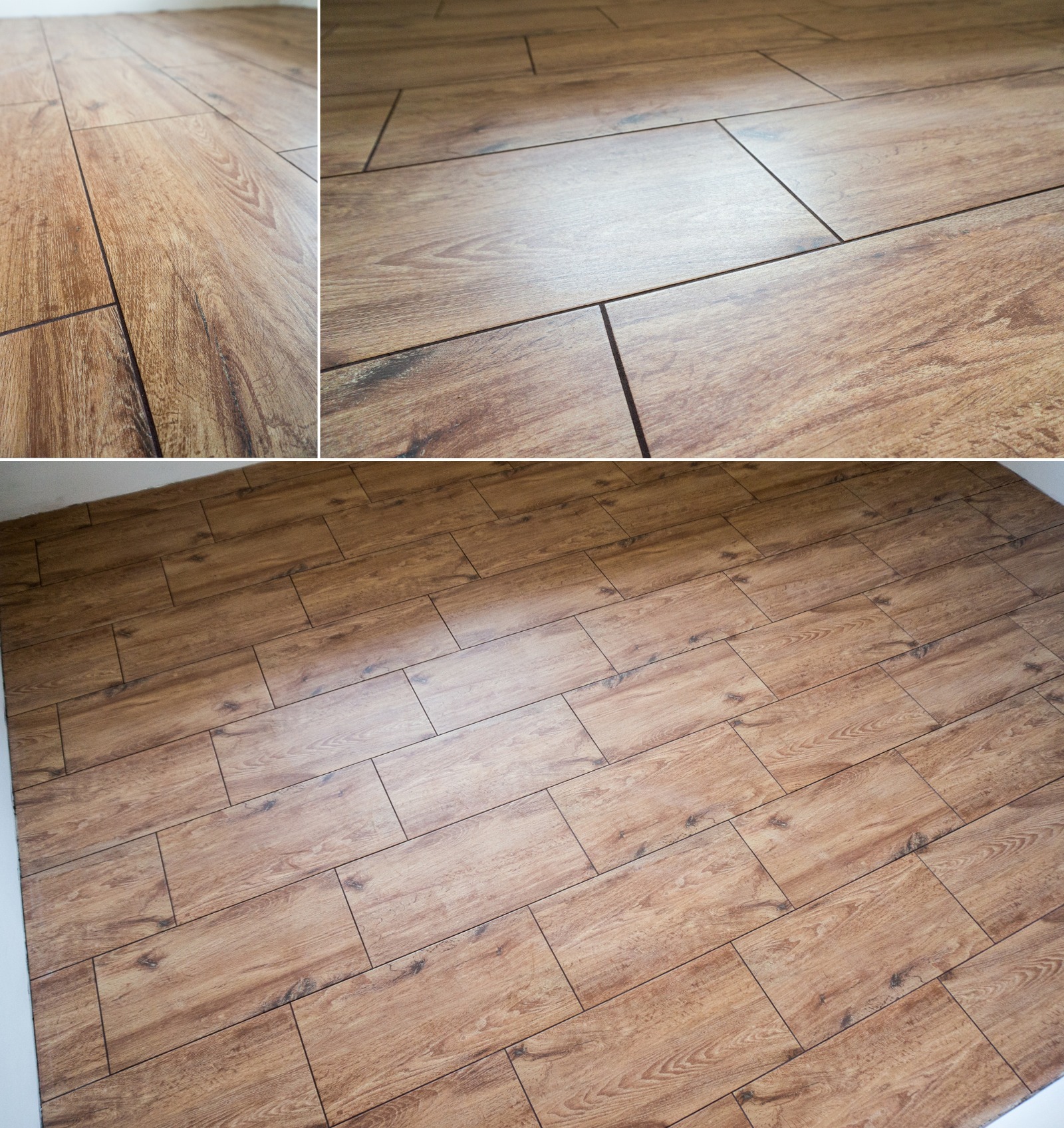 Ułożona podłoga z paneli imitujących drewno, z widoczną strukturą i usłojeniem, sfotografowana pod kątem, z bliska widoczne fugi.