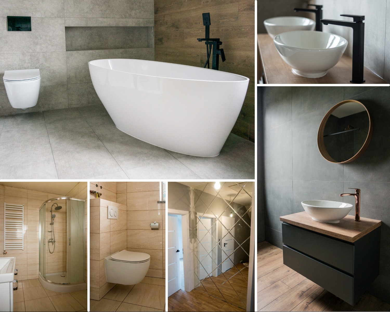 Kolaż zdjęć przedstawiający nowoczesne łazienki: wolnostojąca wanna z czarną armaturą na tle szarych płytek, dwie umywalki nablatowe z czarnymi bateriami, kabina prysznicowa z jasnymi płytkami...