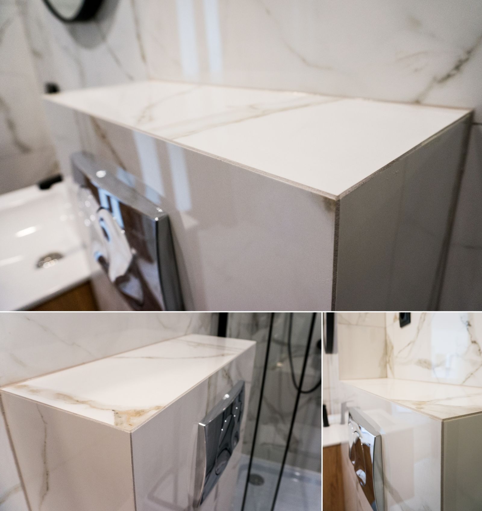 Obudowa stelaża WC wykończona płytkami imitującymi marmur, z chromowanym przyciskiem spłukującym, w tle umywalka i kabina prysznicowa.