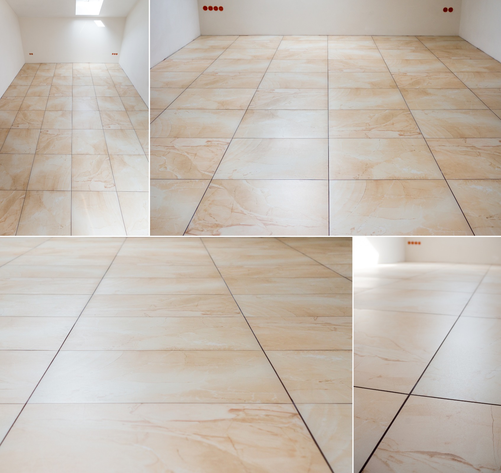 Jasne, beżowe płytki podłogowe w nowym, pustym pomieszczeniu z widocznymi gniazdkami elektrycznymi na ścianie.