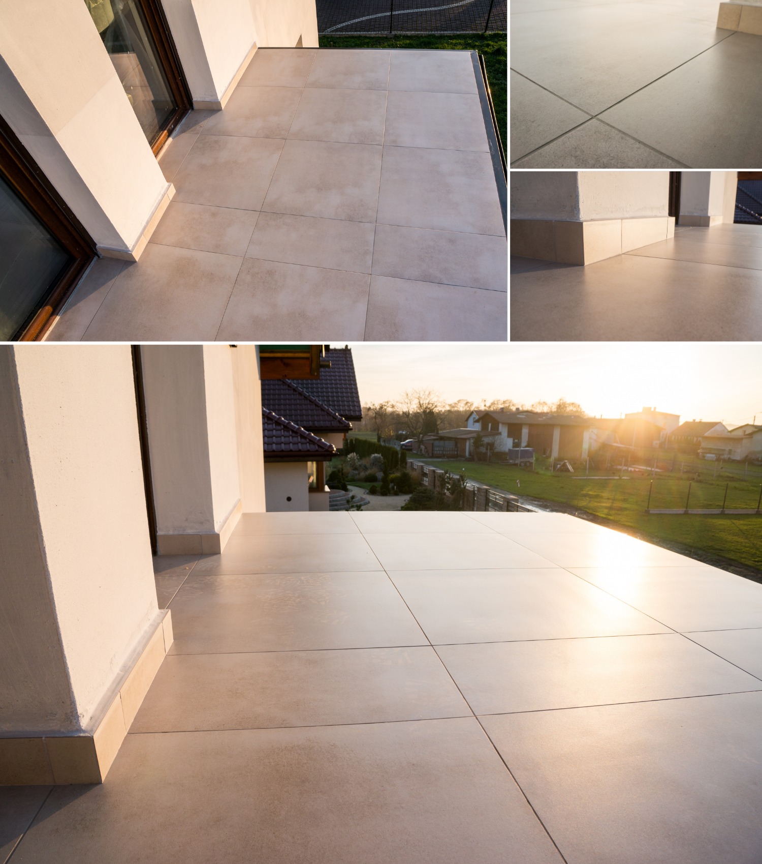 Jasne, beżowe płytki na balkonie, ułożone równo z fugami, widoczne detale wykończenia przy kolumnach i oknach, w tle domy i zachodzące słońce.