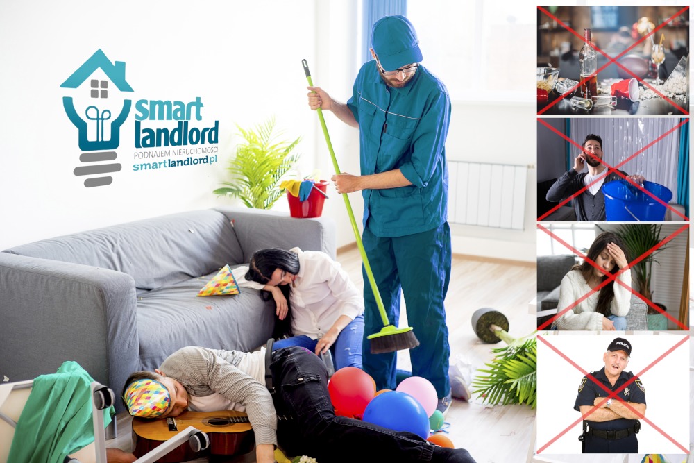 Sprzątanie po imprezie: mężczyzna w uniformie sprząta pokój z leżącymi osobami, balonami i rozrzuconymi przedmiotami. W tle widoczne logo 'Smart Landlord'.