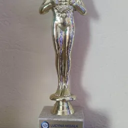 Złota statuetka na marmurowej podstawie z napisem 'PZU Lucyna Misala, I miejsce w sprzedaży Grupowych Ubezpieczeń na Życie w kategorii Agent Ubezpieczeniowy w Regionie Śląskim w 2016 roku'.