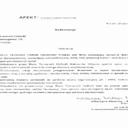 Skan dokumentu referencyjnego dla Biura Tłumaczeń Daffodil Aleksander Wasiuta, z pieczątką i podpisem Katarzyny Materny-Błaszczyk, Event Director.