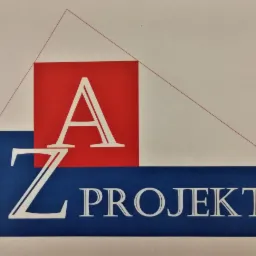 Graficzne logo firmy 'A Z Projekt' na białym tle, z czerwonym kwadratem i niebieskim prostokątem, imitujące schemat domu z czerwoną linią dachu.
