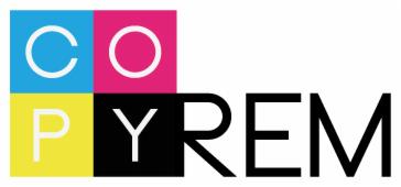 Logo firmy Copyrem: cztery kwadraty w kolorach CMYK z wpisanymi literami COPY, obok napis YREM w czcionce bezszeryfowej.