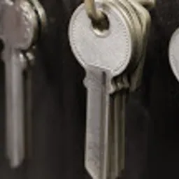 Rząd srebrnych kluczy zawieszonych na metalowych kółkach, widoczne różne kształty i wzory nacięć, tło ciemne, lekko rozmyte.