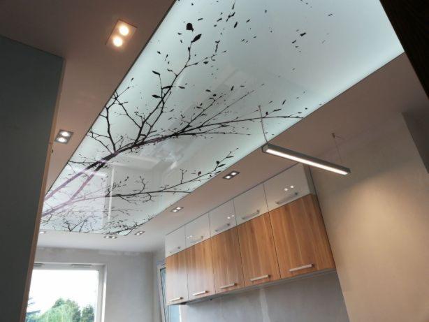 Biały sufit napinany z czarnym motywem drzewa, oświetlenie punktowe i wisząca lampa liniowa nad zabudową kuchenną z drewnianymi frontami.