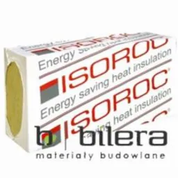 Paczka wełny mineralnej ISOROC z widocznym przekrojem włókien, opakowanie z logo Bilera materiały budowlane.