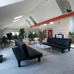 Przestronne wnętrze biura z dwoma czarnymi kanapami, stolikiem kawowym, licznymi roślinami doniczkowymi i wysokim sufitem z oknami dachowymi, utrzymane w jasnej kolorystyce z akcentami czerwieni.