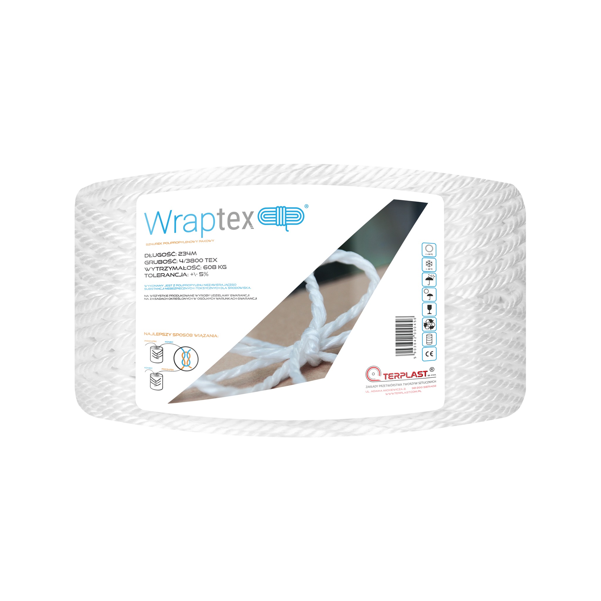 Biały sznurek polipropylenowy Wraptex na białym tle, z widocznymi specyfikacjami technicznymi i instrukcją wiązania na etykiecie.