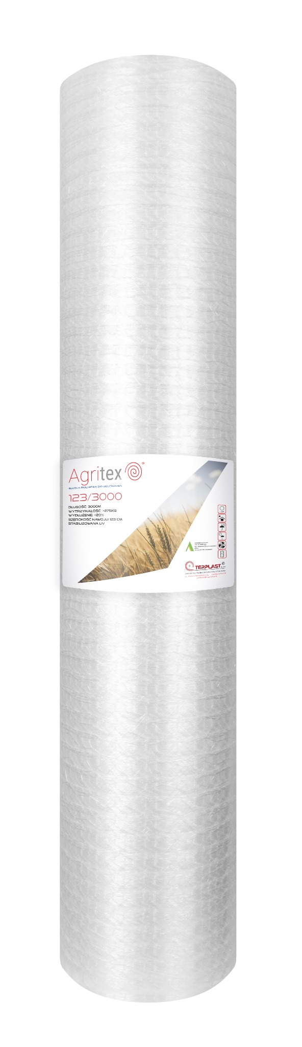 Rolka transparentnej siatki do belowania sianokiszonki, marki Agritex 123/3000, z widocznym fragmentem etykiety z grafiką pola zboża i logotypami producentów.