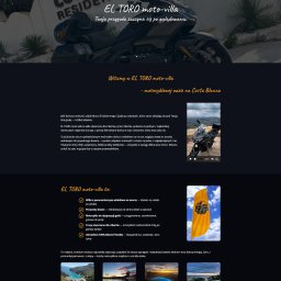Scribnet - Strona internetowa EL TORO moto-villa z motocyklem na tle budynku i tekstem o ofercie dla motocyklistów na Costa Blanca. Prezentacja willi z widokiem na morze i motocyklami.