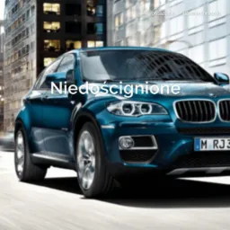 Błyszczący, turkusowy BMW X6 na tle miejskiej scenerii z żółtymi taksówkami w oddali, logo BMW widoczne w lewym górnym rogu.