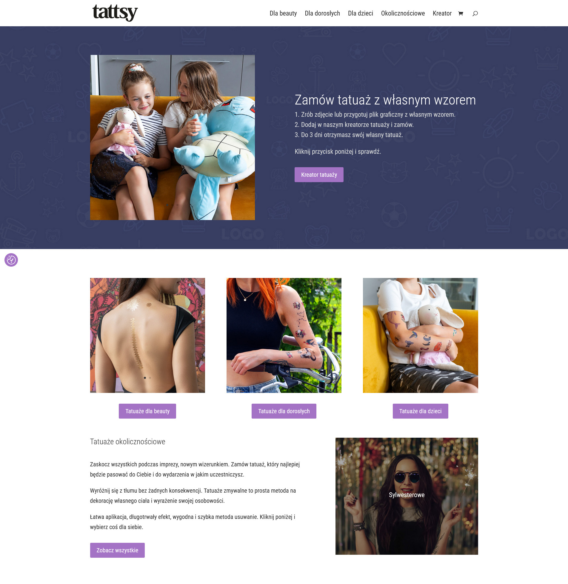 Strona internetowa tattsy.pl z ofertą tatuaży z własnym wzorem, prezentująca zdjęcia zadowolonych dzieci z zabawkami.