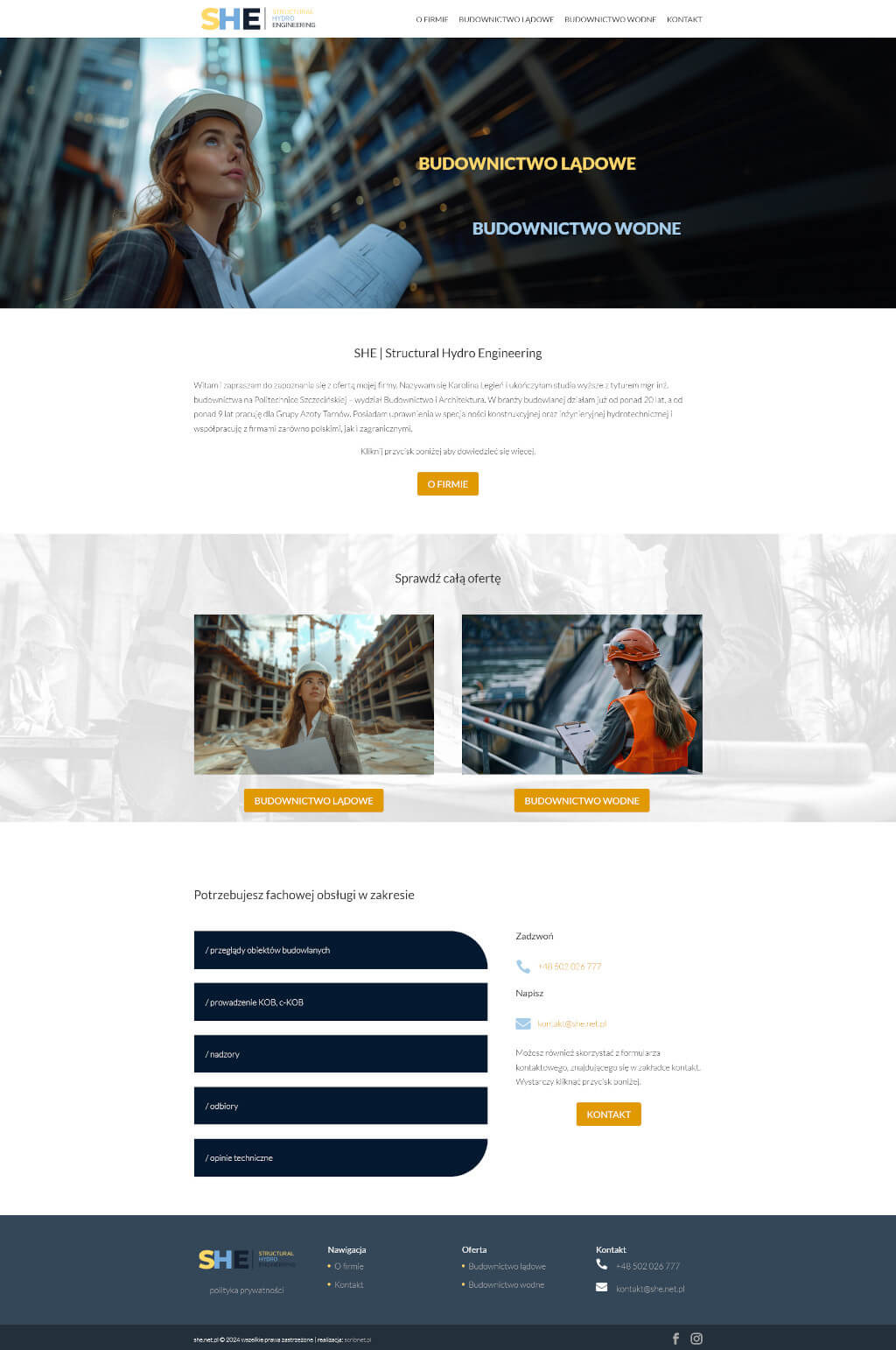 Strona internetowa firmy budowlanej she.net.pl z nagłówkiem przedstawiającym kobietę w kasku i z planami na tle miejskiego krajobrazu, sekcje 'Budownictwo Lądowe' i 'Budownictwo Wodne', oraz dane...