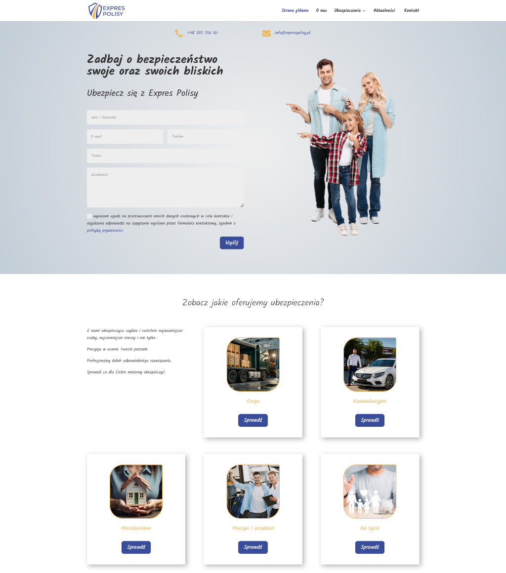 Strona internetowa firmy ubezpieczeniowej exprespolisy.pl z formularzem kontaktowym i zdjęciem rodziny wskazującej na tekst, prezentująca ofertę ubezpieczeń cargo, komunikacyjnych, mieszkaniowych...
