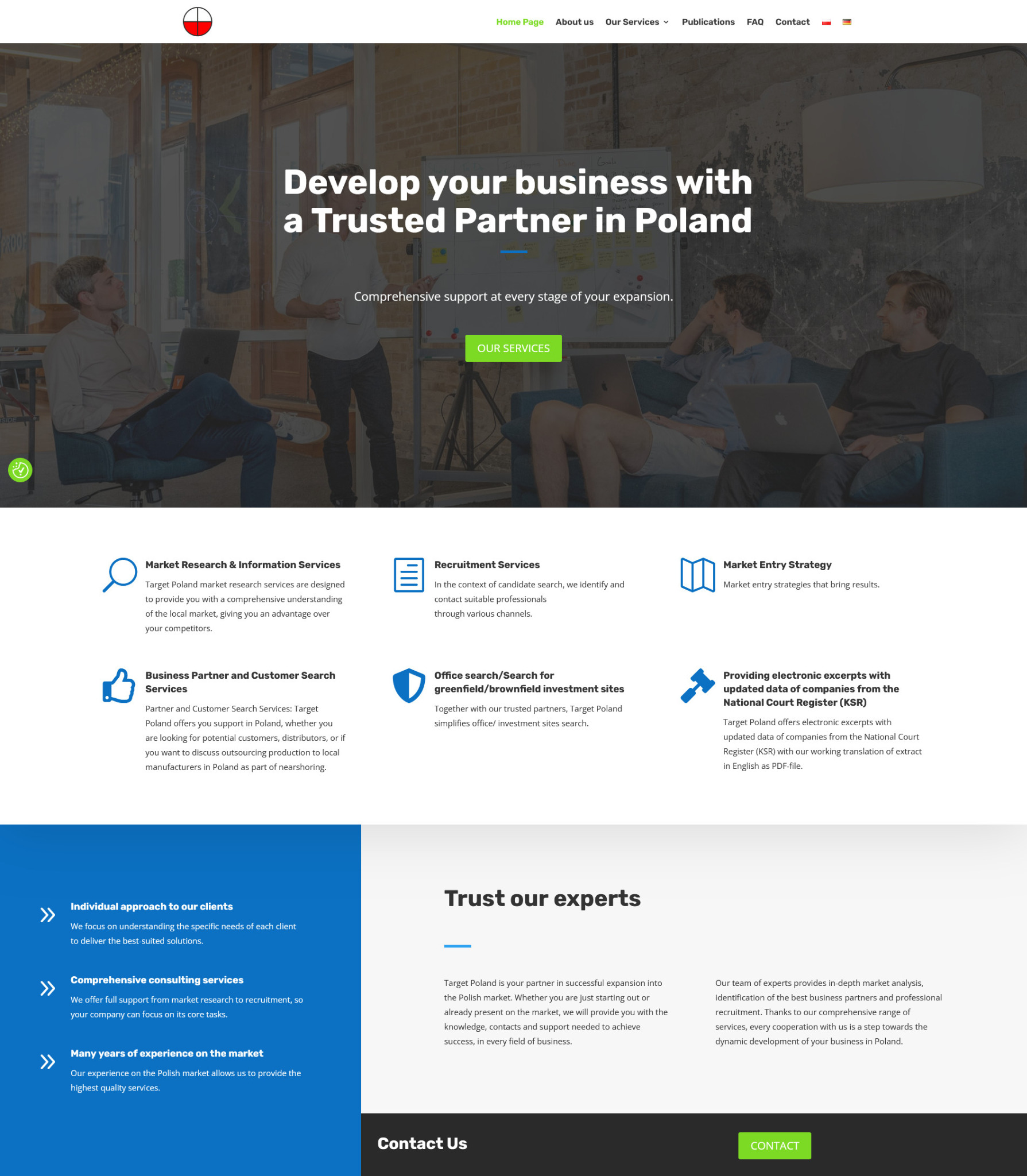 Strona internetowa targetpoland.com z nagłówkiem 'Develop your business with a Trusted Partner in Poland', przedstawiająca usługi doradcze i wsparcie dla firm w Polsce, z dwoma mężczyznami...