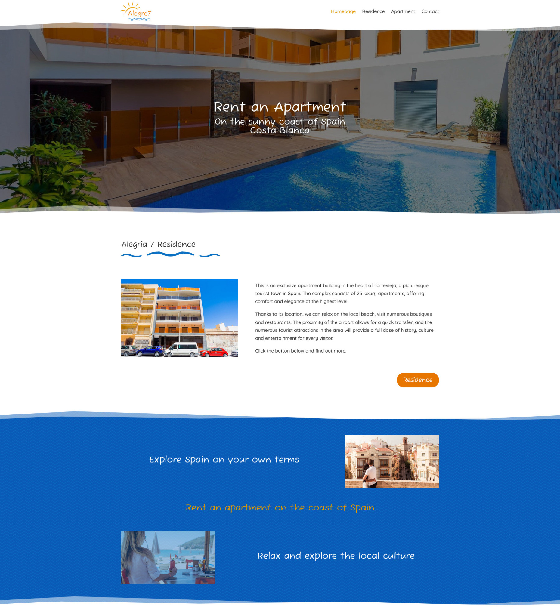 Zdjęcie strony internetowej firmy Alegre7.pl prezentujące apartament z basenem na Costa Blanca w Hiszpanii.