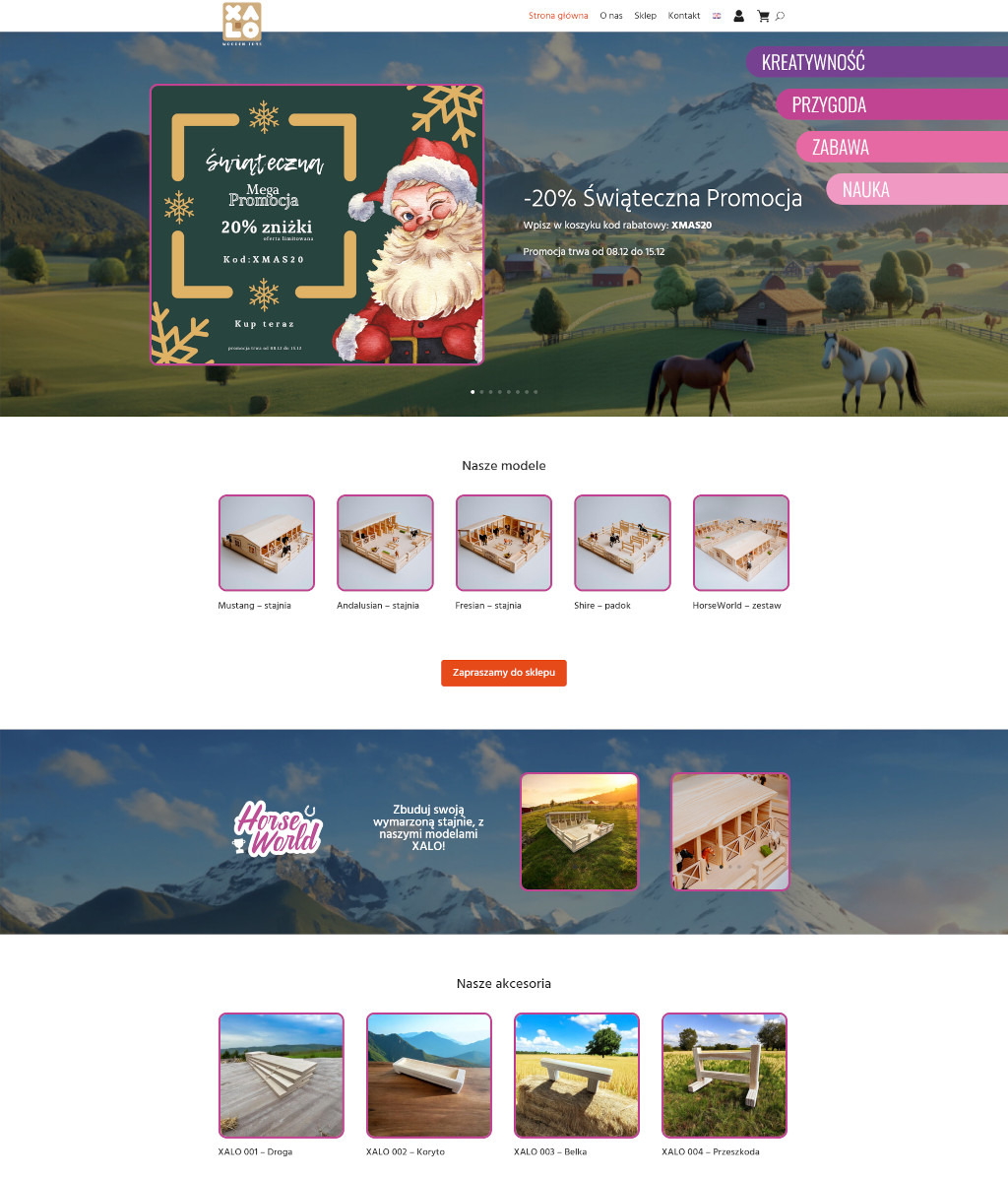 Strona internetowa sklepu XALO.fun z ofertą świąteczną, modelami stajni i akcesoriami dla koni, na tle górskiego krajobrazu.