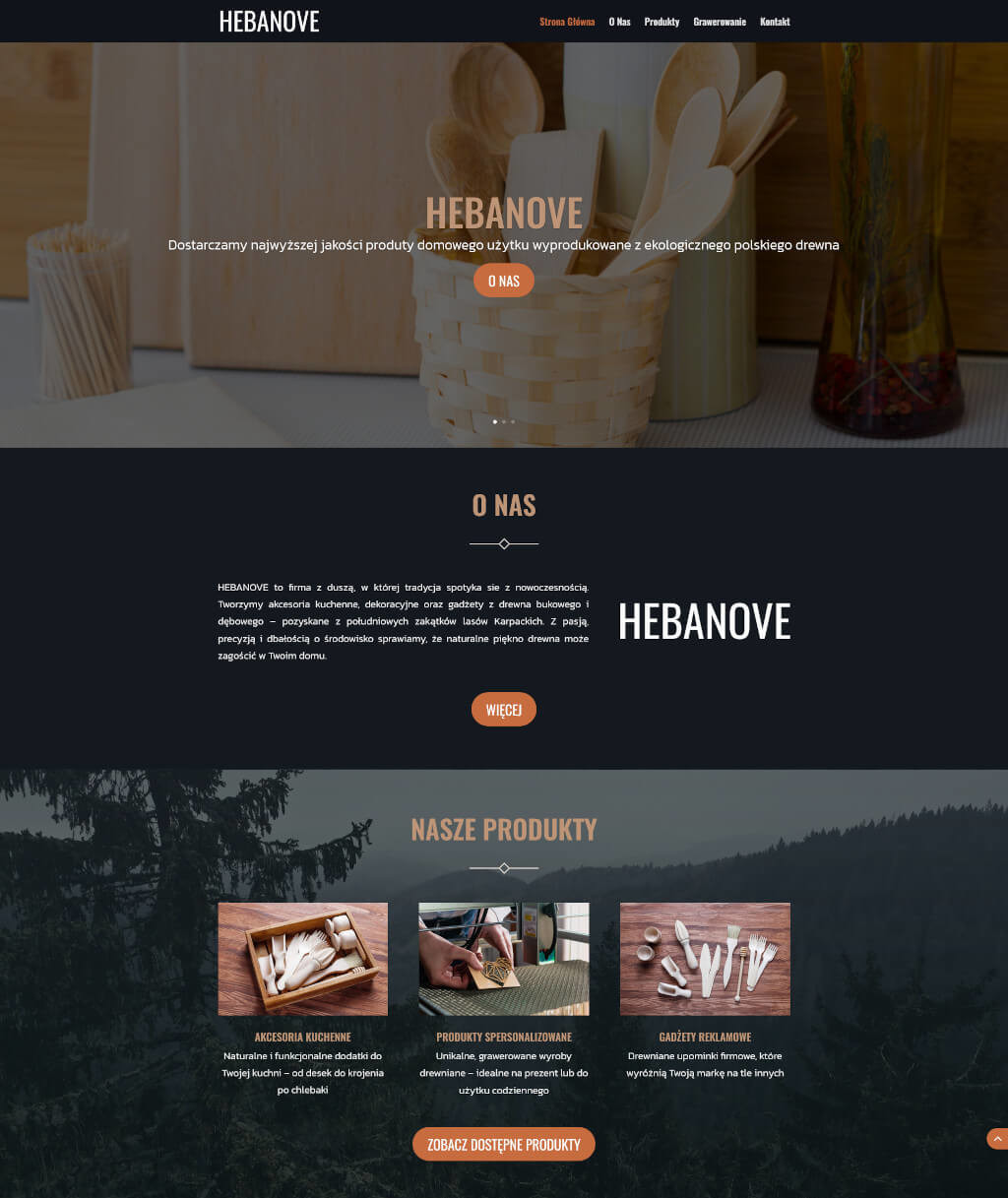 Strona internetowa firmy Hebanove prezentująca ofertę produktów z drewna, w tle drewniane akcesoria kuchenne i dekoracyjne.