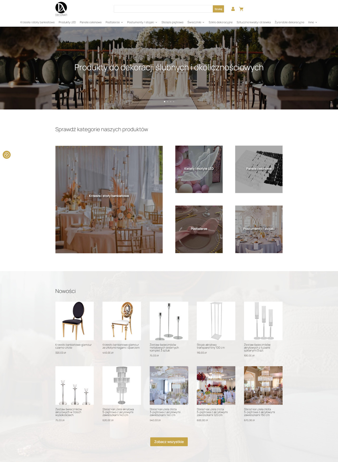 Strona internetowa decorati.com.pl prezentująca produkty do dekoracji ślubnych i okolicznościowych, w tym krzesła, stoły bankietowe, świeczniki, stelaże i inne elementy dekoracyjne.