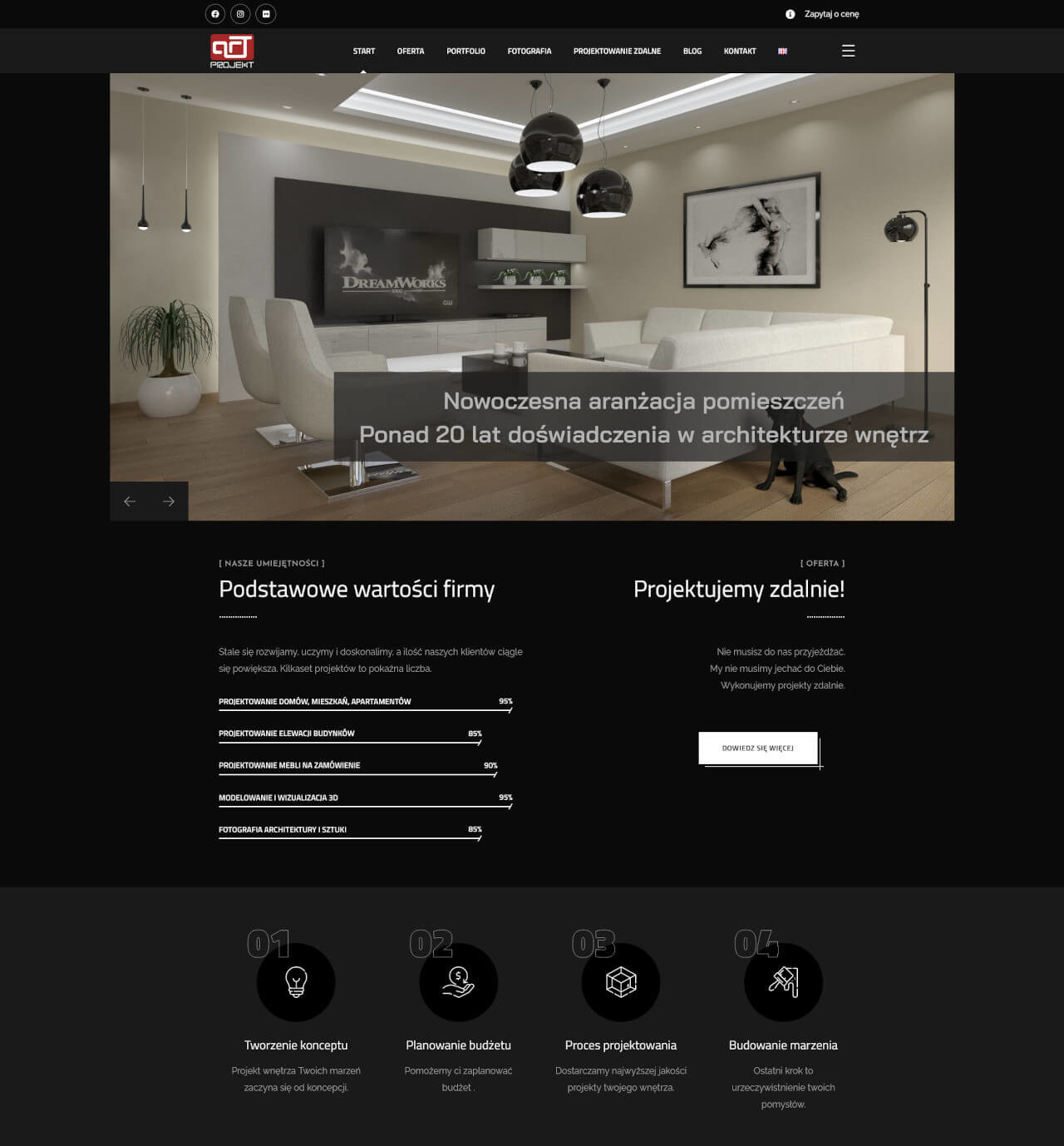 Strona internetowa firmy artprojekt3d.pl prezentująca nowoczesne wnętrze z białymi meblami, czarnymi lampami i dekoracjami, widok z perspektywy użytkownika, z hasłem 'Nowoczesna aranżacja...