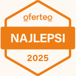 Pomarańczowa odznaka z napisem 'Oferteo NAJLEPSI 2025' na kremowym tle, symbolizująca wyróżnienie lub nagrodę.
