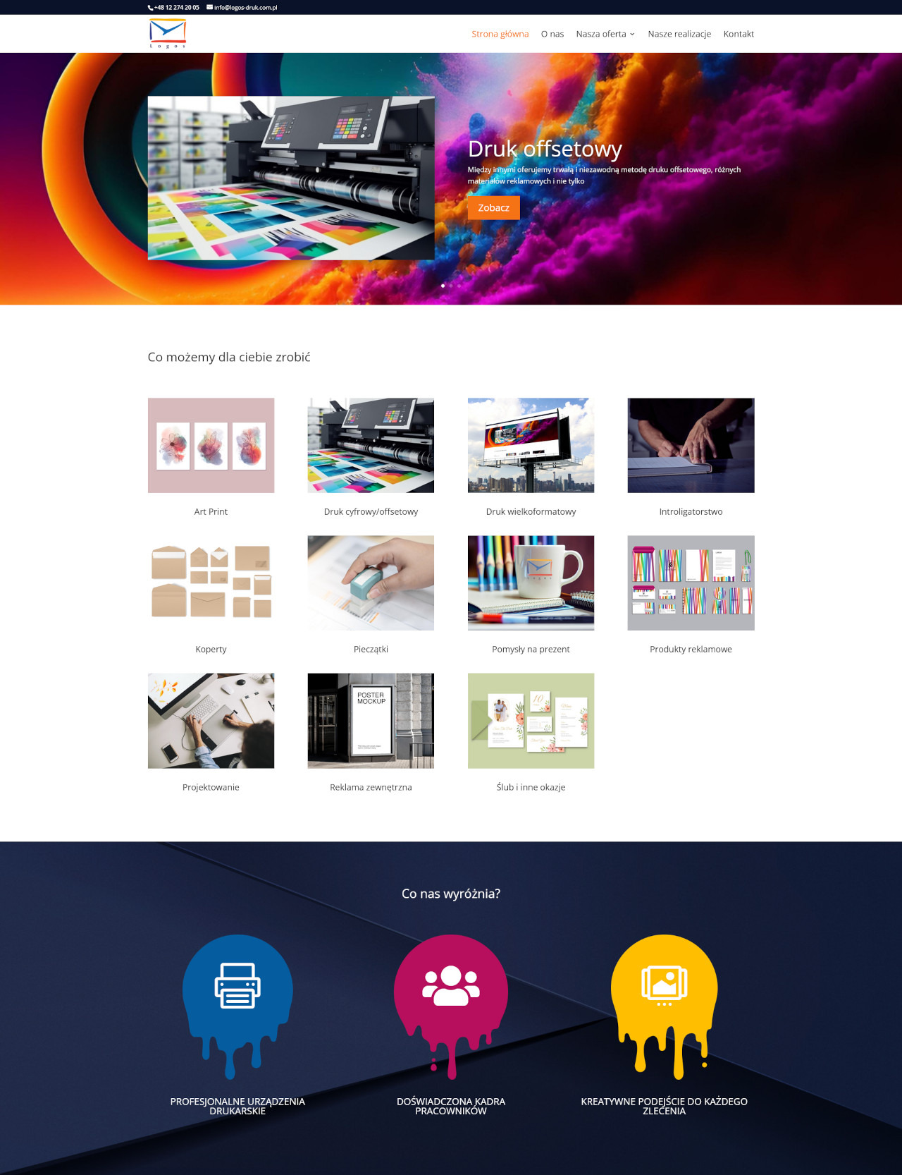 Strona internetowa drukarni logos-druk.com.pl z ofertą druku offsetowego, cyfrowego, wielkoformatowego, introligatorstwa i projektowania. Profesjonalne urządzenia drukarskie.