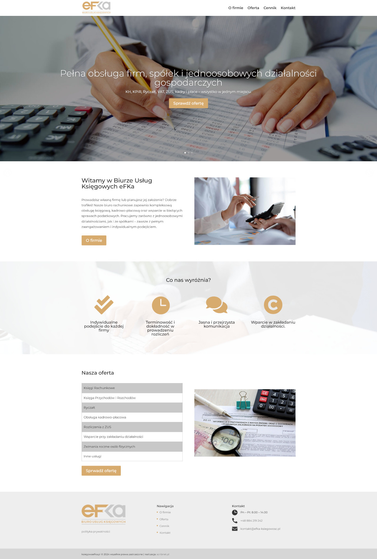 Strona internetowa biura księgowego efka.pl z ofertą kompleksowej obsługi firm, spółek i jednoosobowych działalności gospodarczych. Widoczne elementy nawigacji i kontakt.