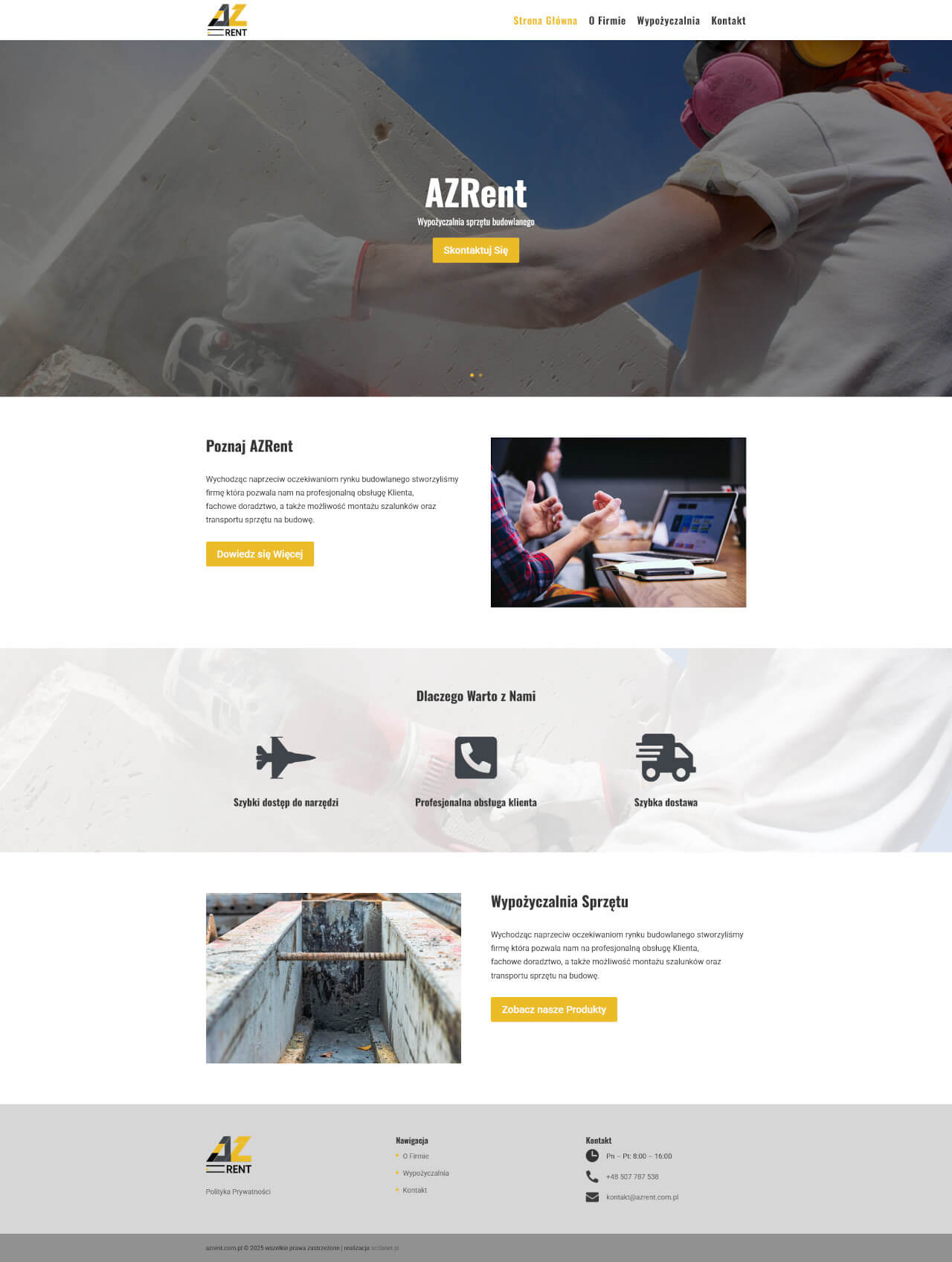 Strona internetowa wypożyczalni sprzętu budowlanego AZRent z pracownikiem w masce, oferująca szybki dostęp, profesjonalną obsługę i dostawę narzędzi.