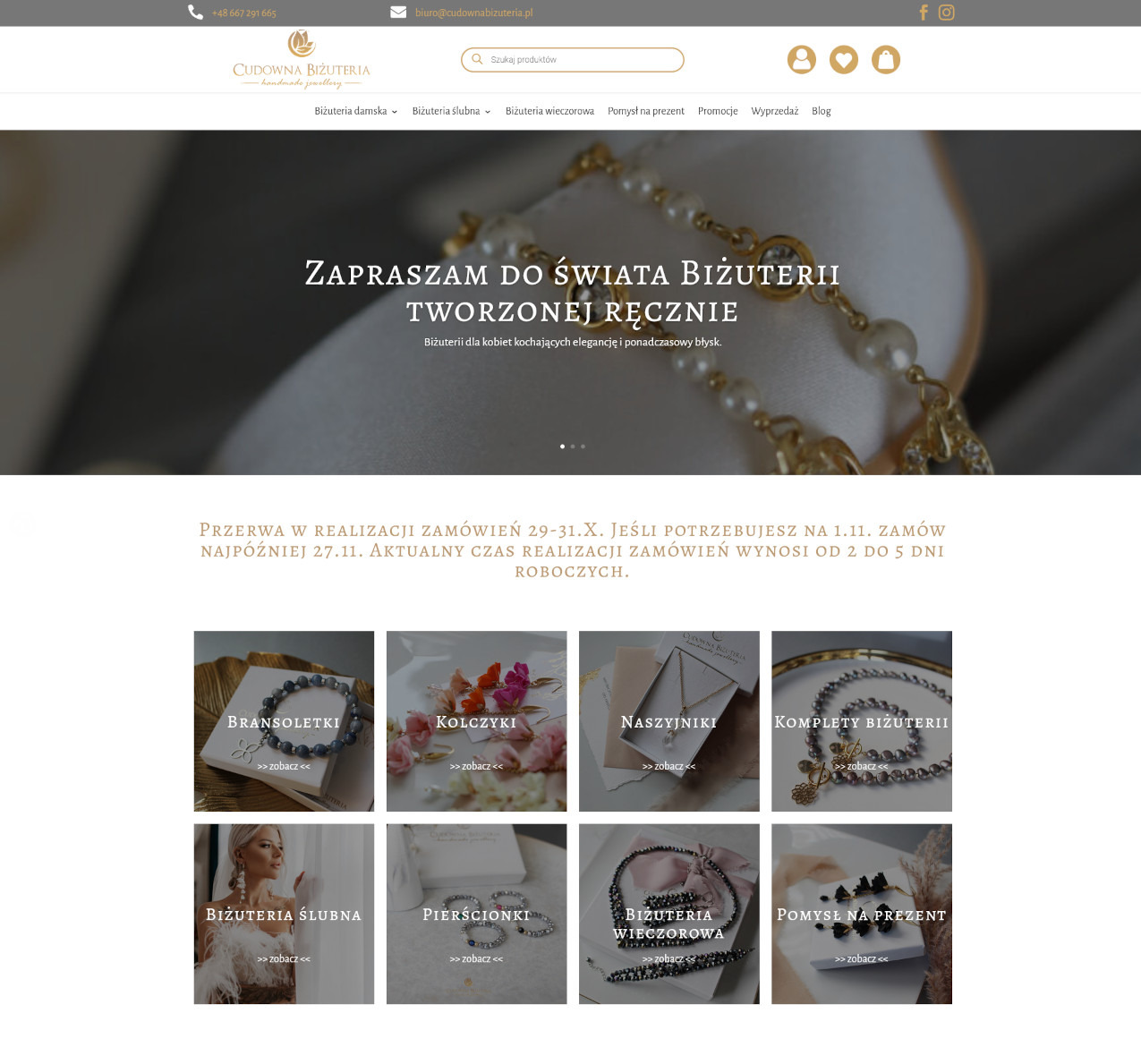 Strona internetowa sklepu z ręcznie robioną biżuterią 'Cudowna Biżuteria', prezentująca ofertę bransoletek, kolczyków, naszyjników i biżuterii ślubnej w estetycznym układzie.