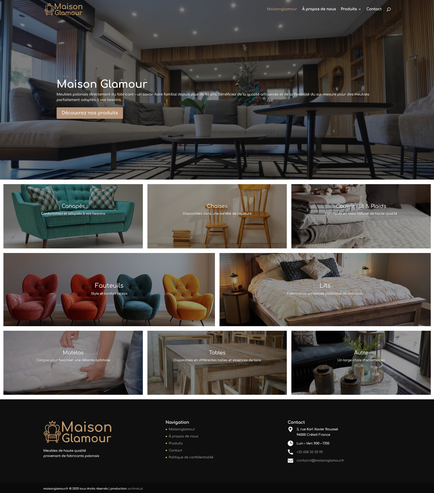 Strona internetowa z ofertą mebli Maison Glamour. Prezentacja kanap, krzeseł, łóżek i innych akcesoriów w estetycznych aranżacjach wnętrz. Minimalistyczny design.