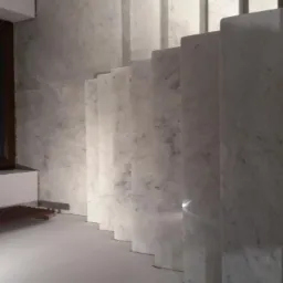 Nowoczesne, marmurowe schody wewnętrzne z minimalistyczną, drewnianą ławką pod oknem.